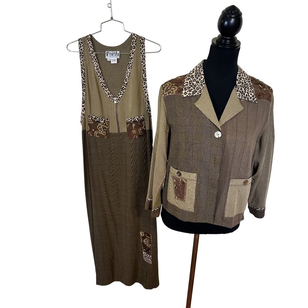Faith By Celia Forrester Womens Brown Leopard Print  Jacket & Dress Set XS Vtg